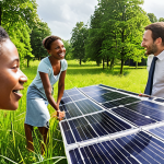 **Image Prompt:** Impact investing: A diverse group of people collaborating on sustainable projects, showcasing both financial charts and environmental benefits like solar panels and thriving green spaces. Focus on a bright, optimistic tone.