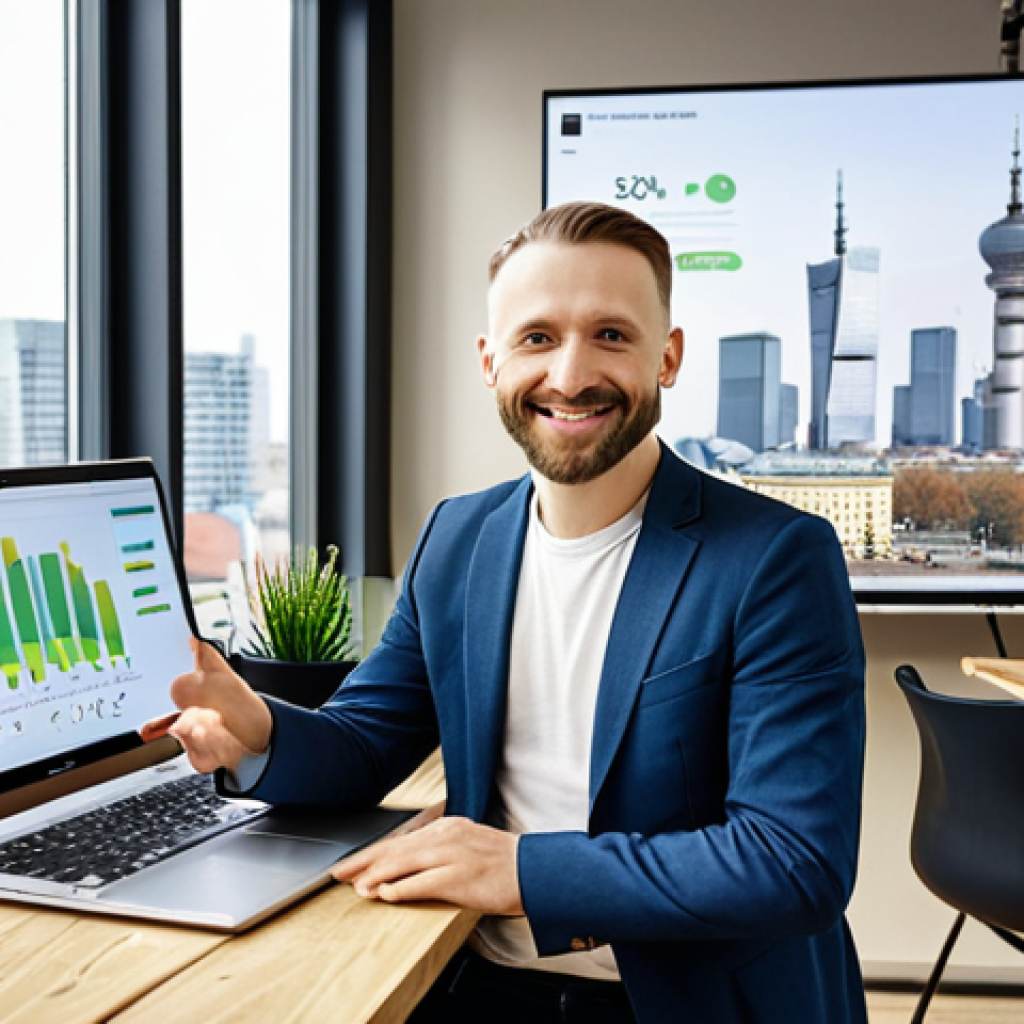 **

"Smiling Polish entrepreneur explaining sustainable business plan in modern co-working space, showcasing local, eco-friendly product prototype, financial charts displayed on a laptop screen, emphasizing growth and positive social impact, Warsaw skyline in background."

**