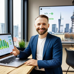 **

"Smiling Polish entrepreneur explaining sustainable business plan in modern co-working space, showcasing local, eco-friendly product prototype, financial charts displayed on a laptop screen, emphasizing growth and positive social impact, Warsaw skyline in background."

**