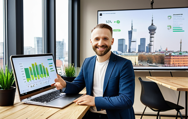 **

"Smiling Polish entrepreneur explaining sustainable business plan in modern co-working space, showcasing local, eco-friendly product prototype, financial charts displayed on a laptop screen, emphasizing growth and positive social impact, Warsaw skyline in background."

**